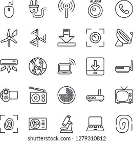 Thin Line Icon Set - antenna vector, satellite, phone, tv, wireless notebook, radar, mouse, pc, microscope, radio, video camera, network, download, windmill, air conditioner, power plug, fingerprint