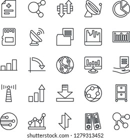 Thin Line Icon Set - antenna vector, satellite, growth statistic, office binder, crisis graph, document, monitor, diagnosis, folder, barcode, network, share, scanner, sd, data exchange, download