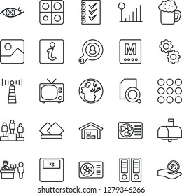 Thin Line Icon Set - antenna vector, passport control, tv, pedestal, office binder, scales, eye, menu, gallery, cellular signal, application, document search, checklist, warehouse, client, mailbox