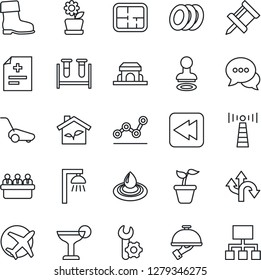 Thin Line Icon Set - antenna vector, stamp, meeting, seedling, boot, lawn mower, diagnosis, blood test vial, route, plane, dialog, rewind, root setup, drawing pin, point graph, plan, flower in pot