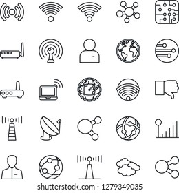 Thin Line Icon Set - antenna vector, wireless notebook, clouds, earth, satellite, network, share, finger down, user, cellular signal, chip, router, social media