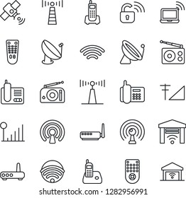 Thin Line Icon Set - antenna vector, satellite, wireless notebook, office phone, radio, remote control, cellular signal, lock, router, garage gate