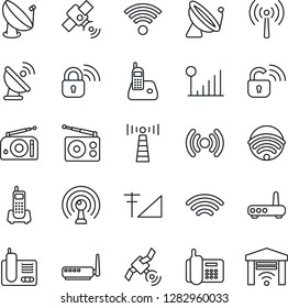 Thin Line Icon Set - antenna vector, satellite, office phone, radio, wireless, cellular signal, lock, router, garage gate control