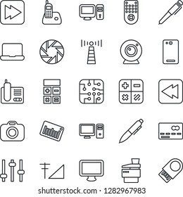 Thin Line Icon Set - antenna vector, credit card, calculator, pen, barcode, camera, remote control, monitor, radio phone, fast forward, rewind, back, mobile, tuning, cellular signal, notebook pc