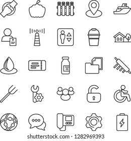 Thin Line Icon Set - antenna vector, elevator, ticket, disabled, farm fork, bucket, water drop, pumpkin, ampoule, joint, patient, pin, sea shipping, folder document, dialog, group, settings, network