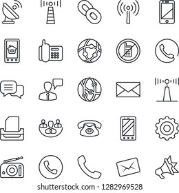 Thin Line Icon Set - antenna vector, phone, no mobile, speaking man, gear, mail, office, satellite, radio, network, cell, dialog, chain, call, company, paper tray, home control app, advertising