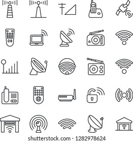 Thin Line Icon Set - antenna vector, satellite, wireless notebook, radio, remote control, phone, cellular signal, lock, router, garage gate