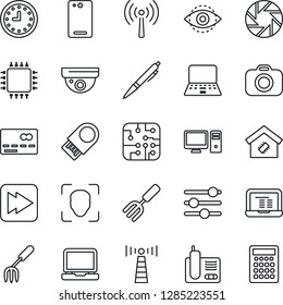 Thin Line Icon Set - antenna vector, credit card, notebook pc, garden fork, clock, camera, laptop, radio phone, fast forward, back, mobile, tuning, face id, eye, pen, smart home, chip, usb flash