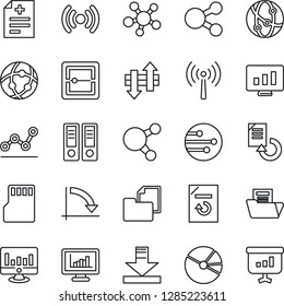 Thin Line Icon Set - antenna vector, office binder, crisis graph, statistic monitor, document reload, diagnosis, folder, network, share, scanner, sd, data exchange, download, statistics, pie, point