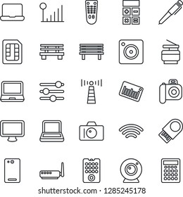 Thin Line Icon Set - antenna vector, camera, calculator, bench, barcode, remote control, monitor, laptop pc, phone back, mobile, tuning, sim, wireless, cellular signal, notebook, copier, pen, router
