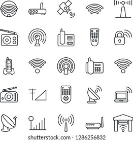 Thin Line Icon Set - antenna vector, wireless notebook, office phone, satellite, radio, remote control, cellular signal, lock, router, garage gate