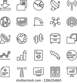 Thin Line Icon Set - antenna vector, satellite, growth statistic, office binder, crisis graph, monitor, document reload, diagnosis, folder, network, share, data exchange, download, statistics, pie