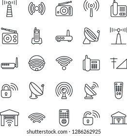 Thin Line Icon Set - antenna vector, satellite, office phone, radio, remote control, wireless, cellular signal, lock, router, garage gate