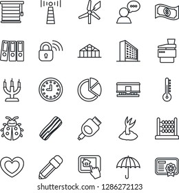 Thin Line Icon Set - antenna vector, office building, sproute, lady bug, greenhouse, heart, clock, umbrella, railroad, speaker, hdmi, pie graph, abacus, paper binder, copier, pencil, bacon, candle