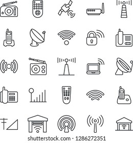 Thin Line Icon Set - antenna vector, satellite, wireless notebook, office phone, radio, remote control, cellular signal, lock, router, garage gate