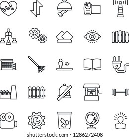 Thin Line Icon Set - antenna vector, escalator, trash bin, globe, book, fence, rake, well, heart pulse, barbell, video camera, data exchange, mute, eye id, root setup, hierarchy, office building