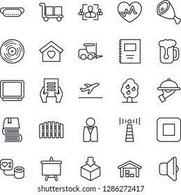 Thin Line Icon Set - antenna vector, departure, fork loader, presentation board, document, heart pulse, blood pressure, cargo, package, vinyl, tv, stop button, copybook, hr, book, fruit tree, fence
