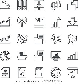 Thin Line Icon Set - antenna vector, satellite, growth statistic, office binder, crisis graph, document reload, diagnosis, folder, network, share, scanner, sd, data exchange, download, bar, pie