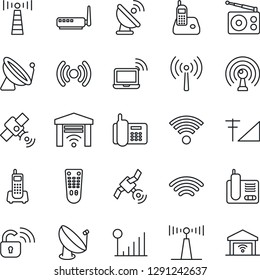 Thin Line Icon Set - antenna vector, satellite, wireless notebook, office phone, radio, remote control, cellular signal, lock, router, garage gate