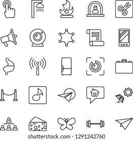 Thin Line Icon Set - antenna vector, fence, reception, case, contract, butterfly, fire, barbell, stomach, loudspeaker, touch screen, mobile, cut, eye id, music, hierarchy, fridge, cheese, web camera