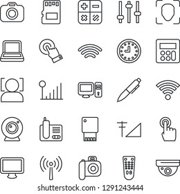 Thin Line Icon Set - antenna vector, calculator, pen, clock, camera, remote control, touch screen, monitor, radio phone, tuning, sd, wireless, face id, cellular signal, notebook pc, web, usb flash