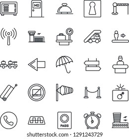 Thin Line Icon Set - antenna vector, fence, taxi, suitcase, barrier, umbrella, escalator, alarm clock, phone, no laptop, signpost, female, bomb in case, reception bell, passport, left arrow, wind