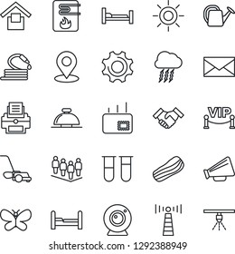 Thin Line Icon Set - antenna vector, reception bell, storm cloud, mail, team, watering can, lawn mower, butterfly, sun, hose, blood test vial, hospital bed, warehouse storage, loudspeaker, settings