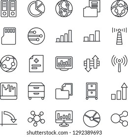 Thin Line Icon Set - antenna vector, growth statistic, office binder, crisis graph, monitor, diagnosis, folder document, network, share, scanner, sd, data exchange, statistics, bar, pie, archive box