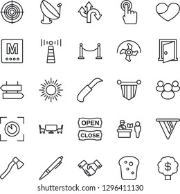 Thin Line Icon Set - antenna vector, fence, passport control, signpost, sun, handshake, pennant, ripper, garden knife, axe, route, satellite, touch screen, group, heart, target, pen, menu, bread