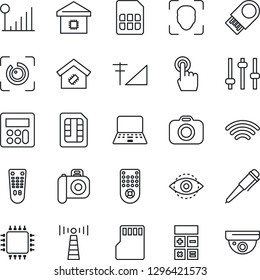 Thin Line Icon Set - antenna vector, calculator, pen, notebook pc, camera, remote control, touch screen, tuning, sd, sim, wireless, face id, eye, cellular signal, smart home, chip, usb flash