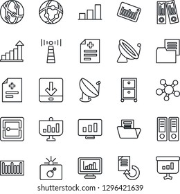 Thin Line Icon Set - antenna vector, satellite, bomb in case, growth statistic, office binder, monitor, document reload, diagnosis, folder, barcode, network, share, scanner, download, statistics