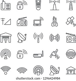 Thin Line Icon Set - antenna vector, satellite, wireless notebook, office phone, radio, remote control, cellular signal, lock, router, garage gate