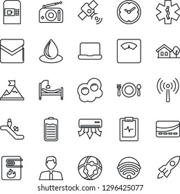 Thin Line Icon Set - antenna vector, coffee machine, escalator, water drop, scales, ambulance star, hospital bed, pulse clipboard, radio, satellite, battery, mail, network, clock, notebook pc, cafe