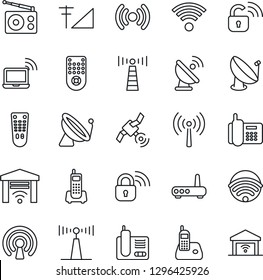 Thin Line Icon Set - antenna vector, satellite, wireless notebook, office phone, radio, remote control, cellular signal, lock, router, garage gate
