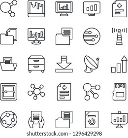 Thin Line Icon Set - antenna vector, growth statistic, document, monitor, reload, diagnosis, folder, satellite, network, share, scanner, sd, download, statistics, archive box, social media