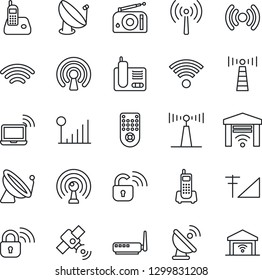 Thin Line Icon Set - antenna vector, satellite, wireless notebook, office phone, radio, remote control, cellular signal, lock, router, garage gate