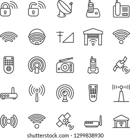 Thin Line Icon Set - antenna vector, office phone, satellite, radio, remote control, wireless, cellular signal, lock, router, garage gate