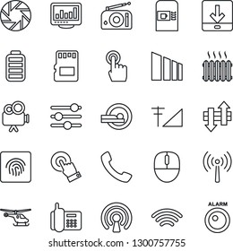 Thin Line Icon Set - antenna vector, coffee machine, helicopter, mouse, tomography, office phone, sorting, radio, video camera, touch screen, battery, call, mobile, tuning, sd, data exchange, heater