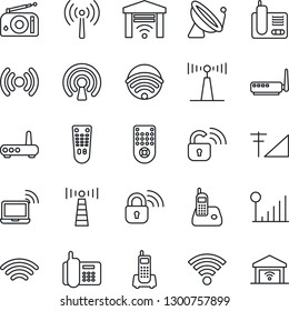 Thin Line Icon Set - antenna vector, satellite, wireless notebook, office phone, radio, remote control, cellular signal, lock, router, garage gate