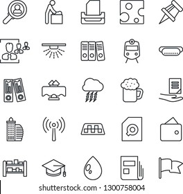 Thin Line Icon Set - antenna vector, taxi, train, baby room, storm cloud, office binder, graduate, document, water drop, rack, drawing pin, news, search, hr, paper, tray, building, restaurant table