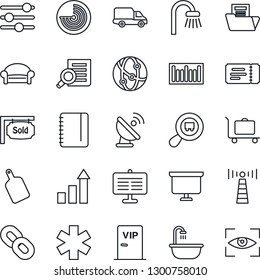 Thin Line Icon Set - antenna vector, baggage trolley, waiting area, ticket, radar, growth statistic, document search, notepad, presentation board, ambulance star, car delivery, cargo, barcode, chain