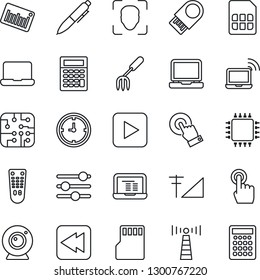 Thin Line Icon Set - antenna vector, wireless notebook, pen, pc, garden fork, clock, barcode, remote control, touch screen, laptop, play button, rewind, tuning, sd, sim, face id, cellular signal