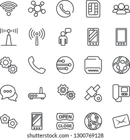 Thin Line Icon Set - antenna vector, mobile phone, speaking man, gear, satellite, network, dialog, share, hdmi, call, sim, wireless, open close, router, intercome, group, mail