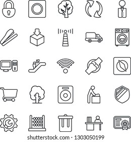 Thin Line Icon Set - antenna vector, escalator, trash bin, baby room, tree, joint, car delivery, package, shield, speaker, update, record, compass, lock, root setup, abacus, manager desk, stapler