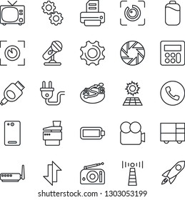 Thin Line Icon Set - antenna vector, phone, tv, printer, consolidated cargo, route, microphone, radio, video camera, hdmi, back, mobile, settings, calculator, data exchange, eye id, battery, copier
