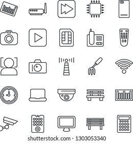 Thin Line Icon Set - antenna vector, camera, garden fork, bench, clock, barcode, remote control, monitor, radio phone, play button, fast forward, back, sim, wireless, face id, notebook pc, chip