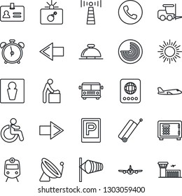 Thin Line Icon Set - antenna vector, satellite, suitcase, airport bus, parking, train, alarm clock, phone, male, bomb in case, reception bell, baby room, disabled, passport, identity, right arrow