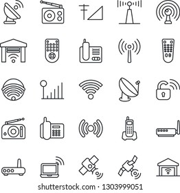 Thin Line Icon Set - antenna vector, wireless notebook, office phone, satellite, radio, remote control, cellular signal, lock, router, garage gate