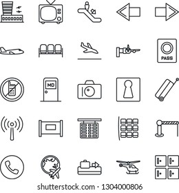 Thin Line Icon Set - antenna vector, fence, suitcase, arrival, baggage conveyor, barrier, escalator, phone, no mobile, female, tv, waiting area, passport, camera, right arrow, left, boarding, plane