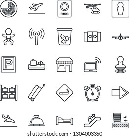 Thin Line Icon Set - antenna vector, suitcase, departure, arrival, baggage conveyor, parking, automatic door, escalator, alarm clock, smoking place, trash bin, male, wireless notebook, baby, stamp